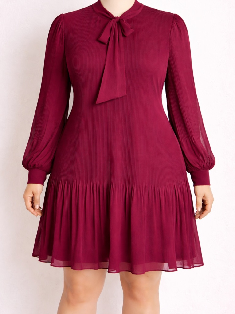 DKNY Wine Red Maroon‎ Burgundy Pleated Tie-Neck Long Sleeve Dress Size 14